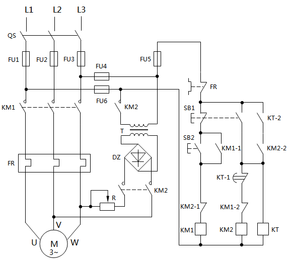 有變壓器的橋式整流能耗制動電路