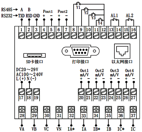 120×120mm外形尺寸電能質(zhì)量分析儀接線圖