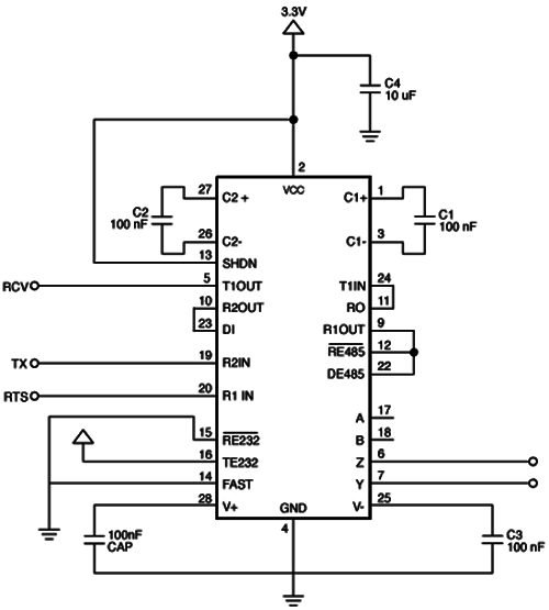 MAX3162在多節點應用中雙向轉換RS232和RS485信號