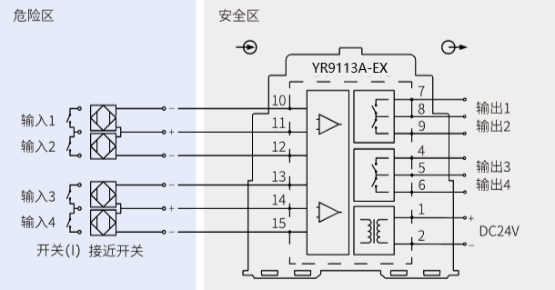 四入四出開關(guān)量安全柵接線圖